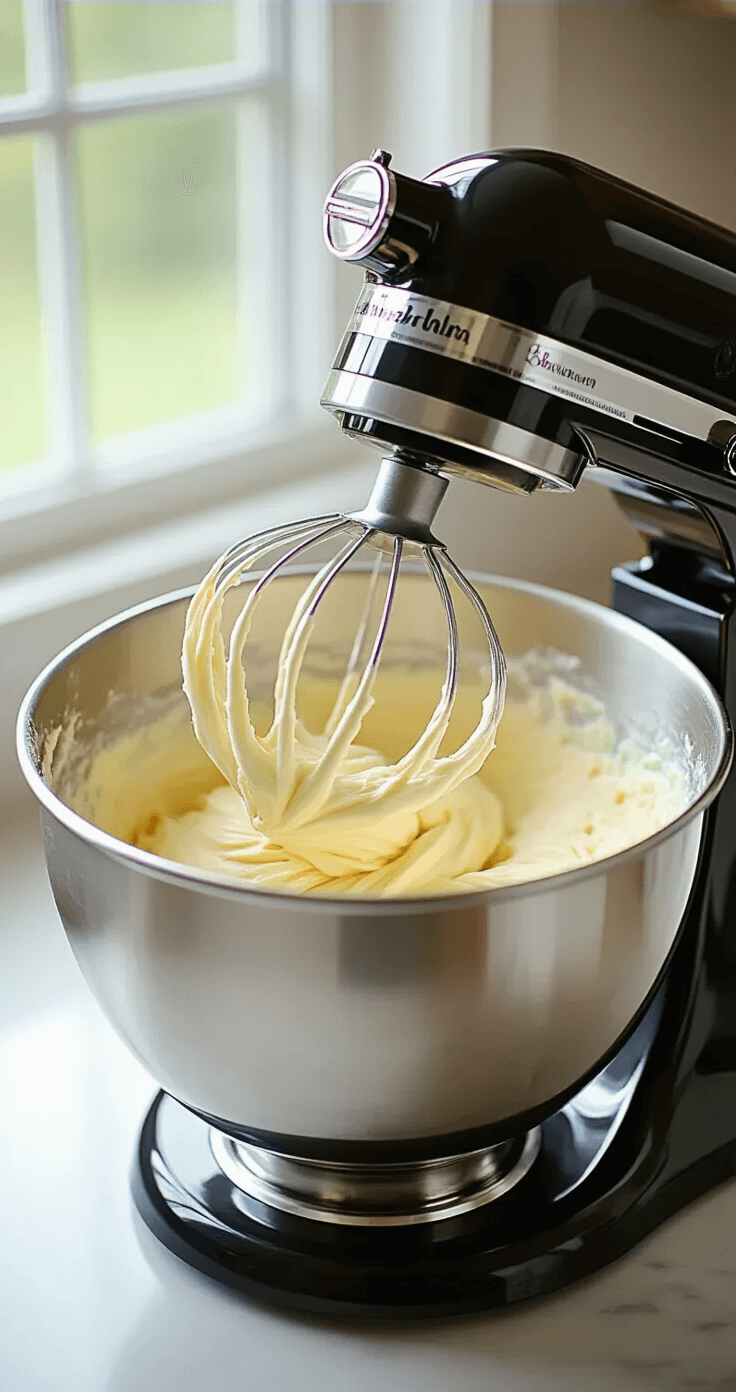 Close-up of a luxurious cake batter being mixed in a stand mixer, showcasing a light, fluffy consistency as butter and sugar cream together, under soft natural lighting.