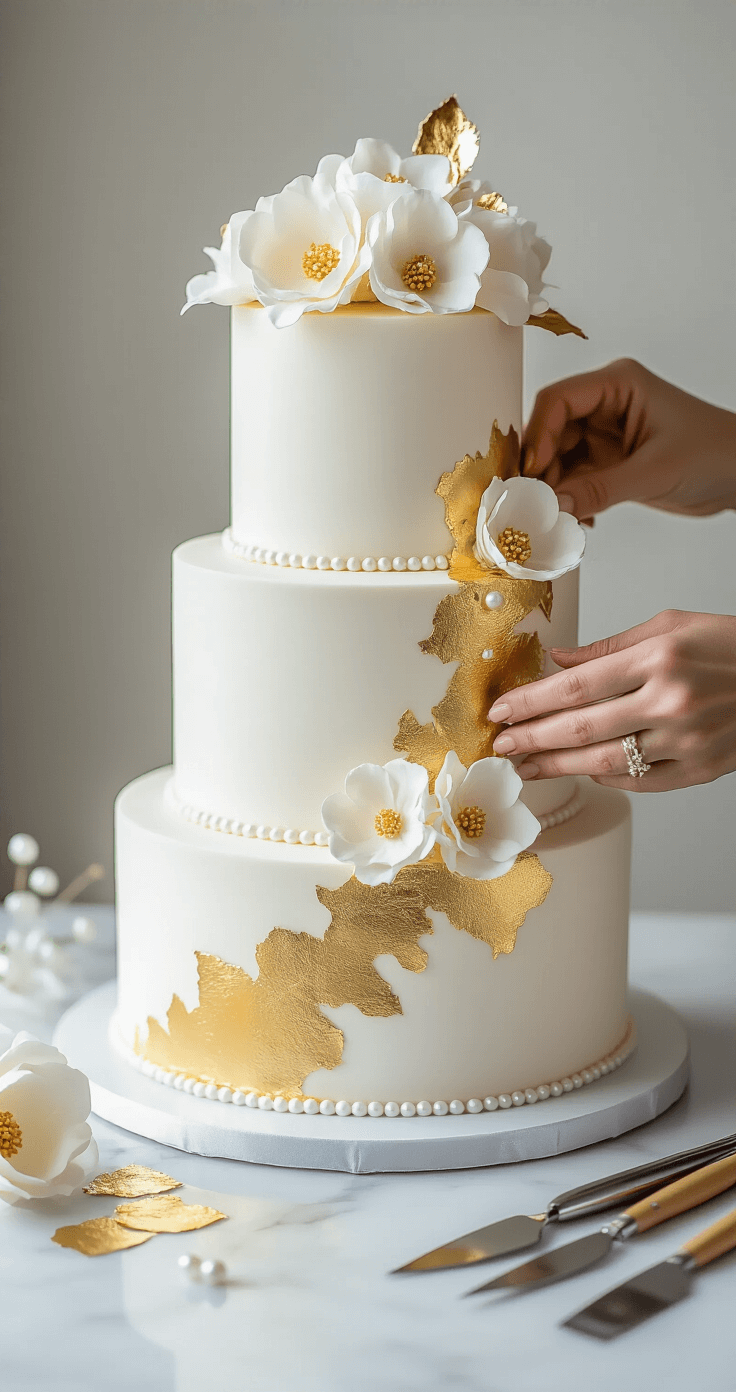 A close-up of hands applying gold leaf to a white three-tiered wedding cake, with elegant sugar flowers, pearls, and cake decorating tools arranged on a marble workspace under dramatic lighting.