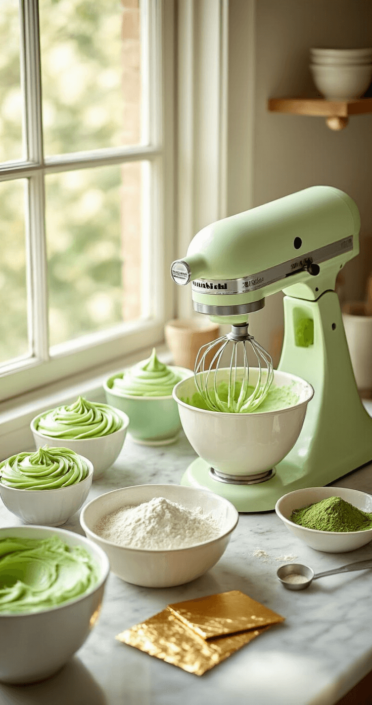 Close-up of a baker's workspace featuring multiple bowls of green buttercream frosting, a stand mixer with cake batter, and gold leaf sheets, all illuminated by warm natural light on a marble countertop.