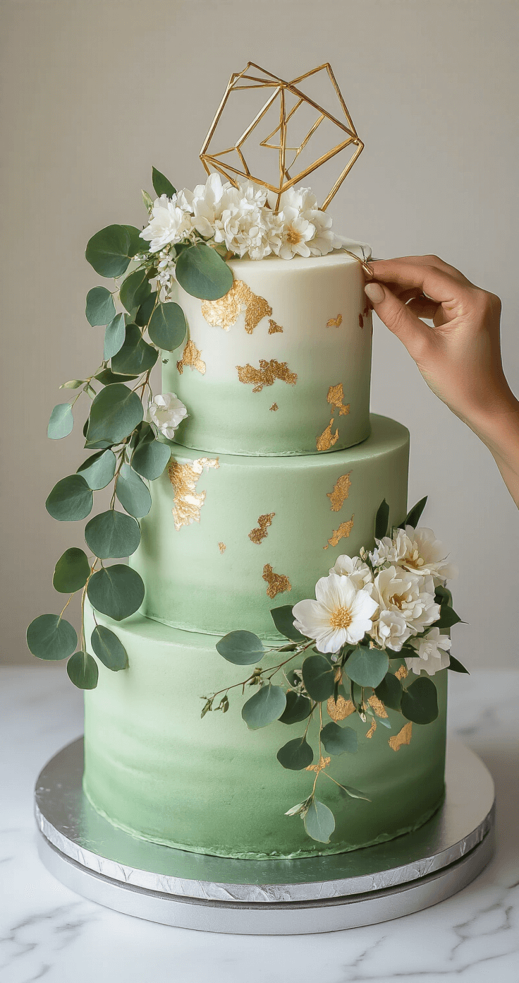 A three-tiered wedding cake in green hues on a silver stand, mid-decoration with gold leaf and fresh eucalyptus, topped with a geometric gold decoration.
