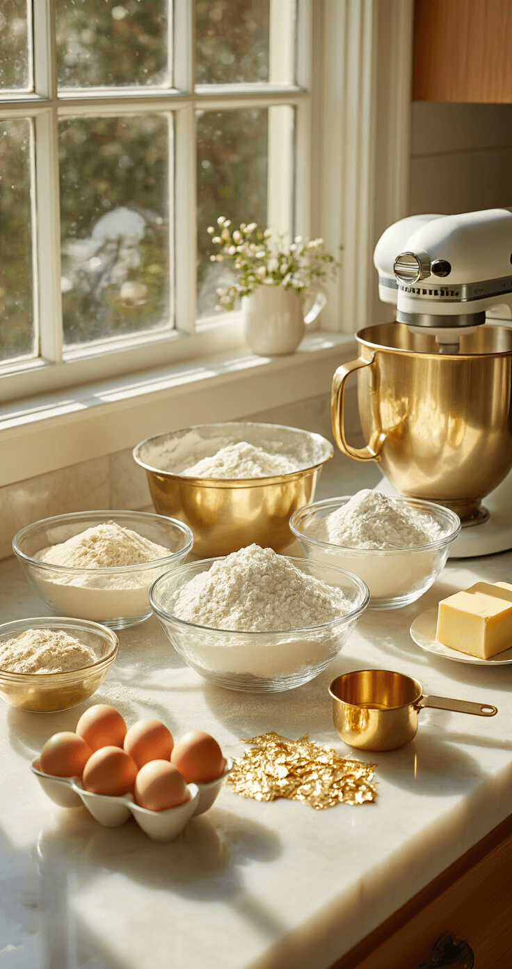 A sunlit kitchen countertop set up for a wedding cake, featuring precisely measured ingredients in elegant glass bowls, golden measuring cups, sifted flour, fresh eggs, premium butter, professional mixing equipment, and gold-rimmed bowls, with edible gold leaf sheets sparkling in the light.