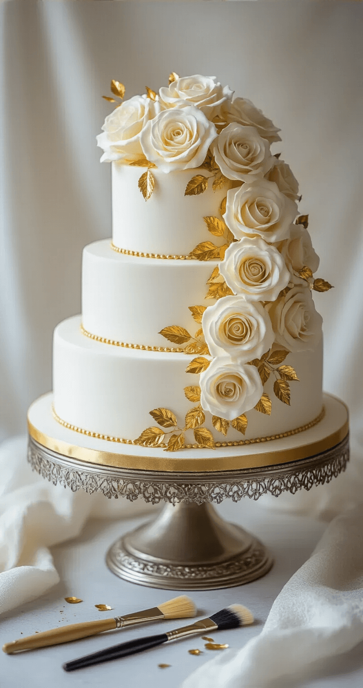 A multi-tiered golden anniversary cake on a silver stand, decorated with white fondant, gold leaf, cream roses with golden centers, and shimmering gold dust, with cake-decorating tools arranged nearby.