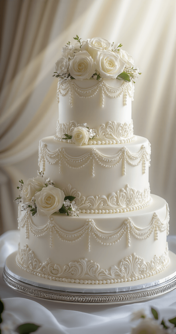 Elegant three-tiered white wedding cake with intricate royal icing piping and adorned with fresh white roses, set in a softly lit ballroom on a silver cake stand.