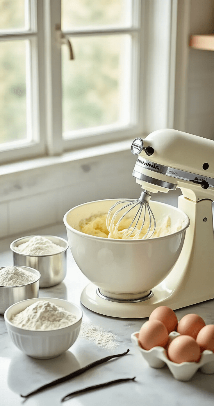 Close-up of a marble countertop featuring a stand mixer creaming butter and sugar, with natural light highlighting measuring cups of flour and eggs, a vanilla pod, and sifted dry ingredients in a ceramic bowl.