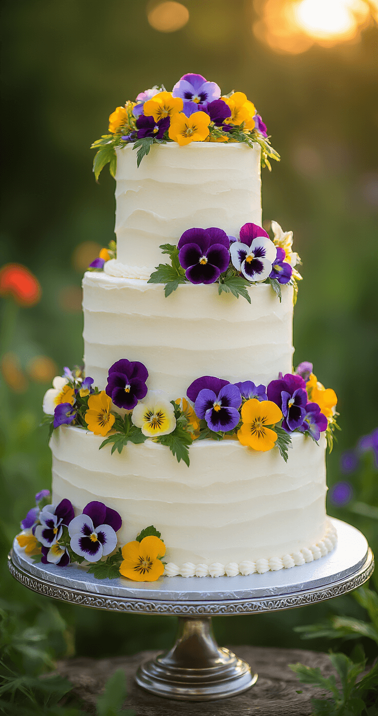 Elegant three-tiered wedding cake on a silver stand, adorned with vibrant pansies, delicate violas, and bright nasturtiums, against a soft-focus garden backdrop in golden hour light.