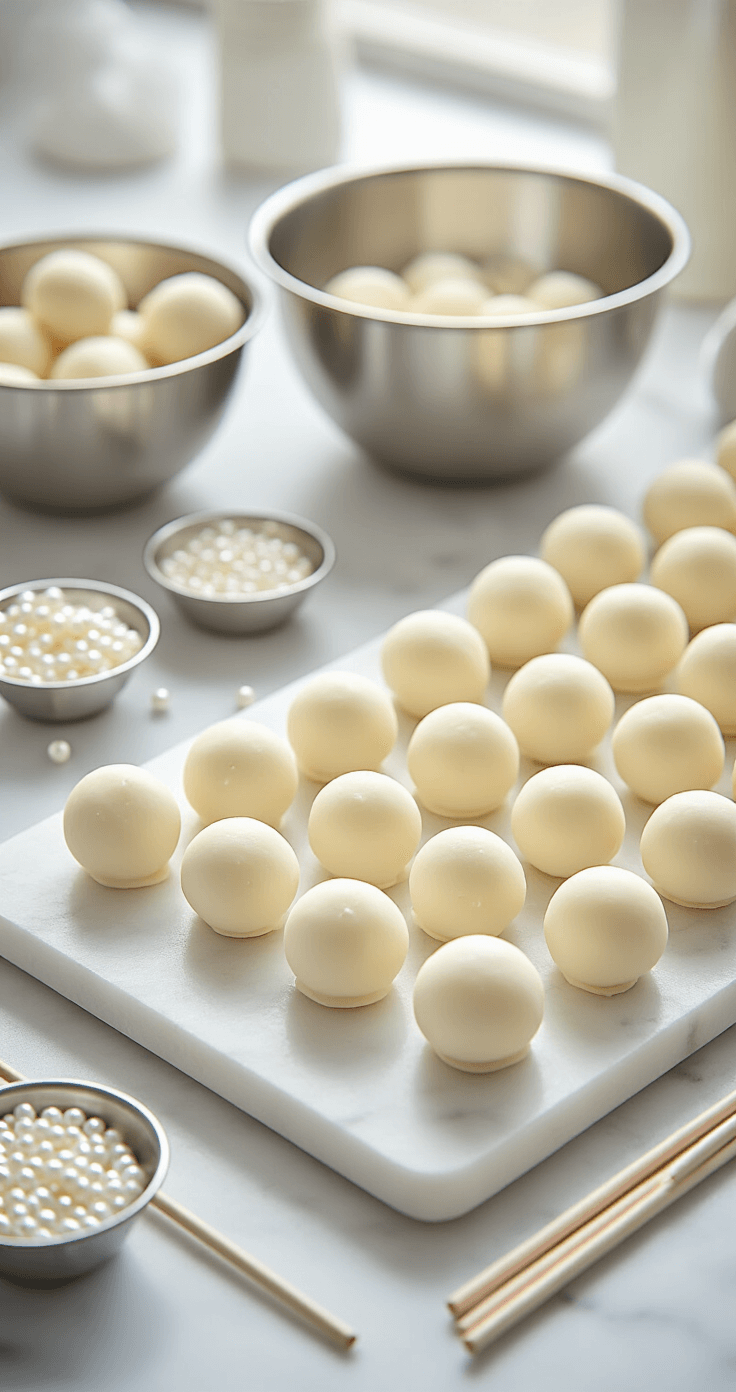 WEDDING CAKE POPS: ELEGANT BITE-SIZED WEDDING DESSERT MAGIC Close-up of a cake pop preparation station with white cake balls, metal mixing bowls, lollipop sticks, and melted pearl-white chocolate on a marble countertop, illuminated by soft natural light.