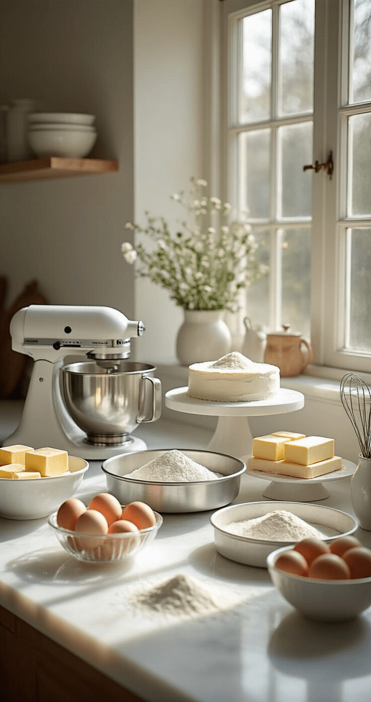 A sunlit professional kitchen with a white marble countertop, featuring baking tools and fresh ingredients arranged neatly, ready for minimalist wedding cake preparation.