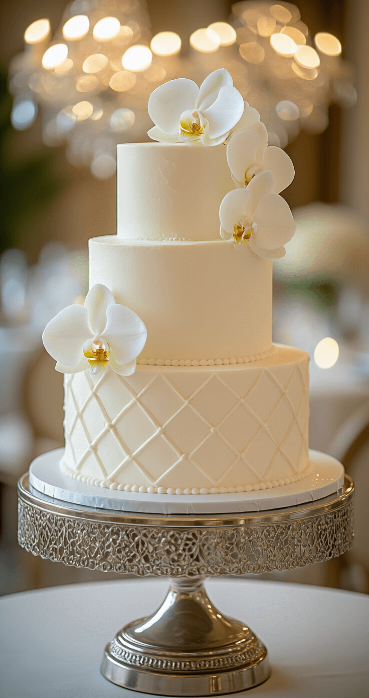 A three-tiered minimalist wedding cake on a silver stand, featuring smooth white buttercream, geometric textures, and a delicate orchid. Captured in golden hour lighting with a soft-focus luxury venue background and bokeh chandelier effects.