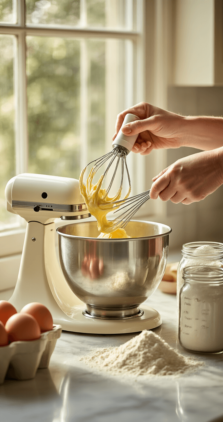 Close-up of hands creaming golden butter and sugar in a stand mixer, with natural light highlighting fresh eggs and flour in vintage jars on a marble countertop.
