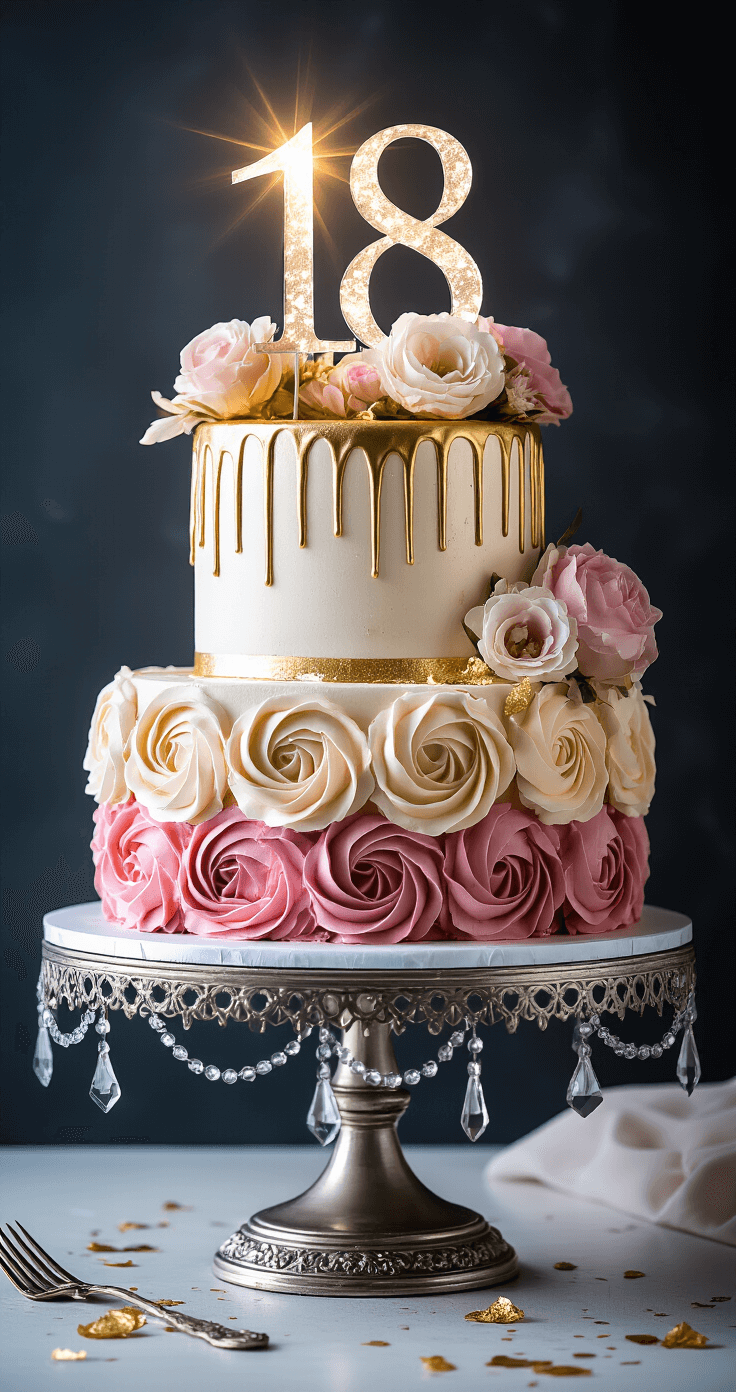 Stunning three-tiered 18th birthday cake with metallic gold drip, blush pink rosettes, custom acrylic '18' topper, fresh flowers, and edible gold leaf on a silver stand against a dark background.