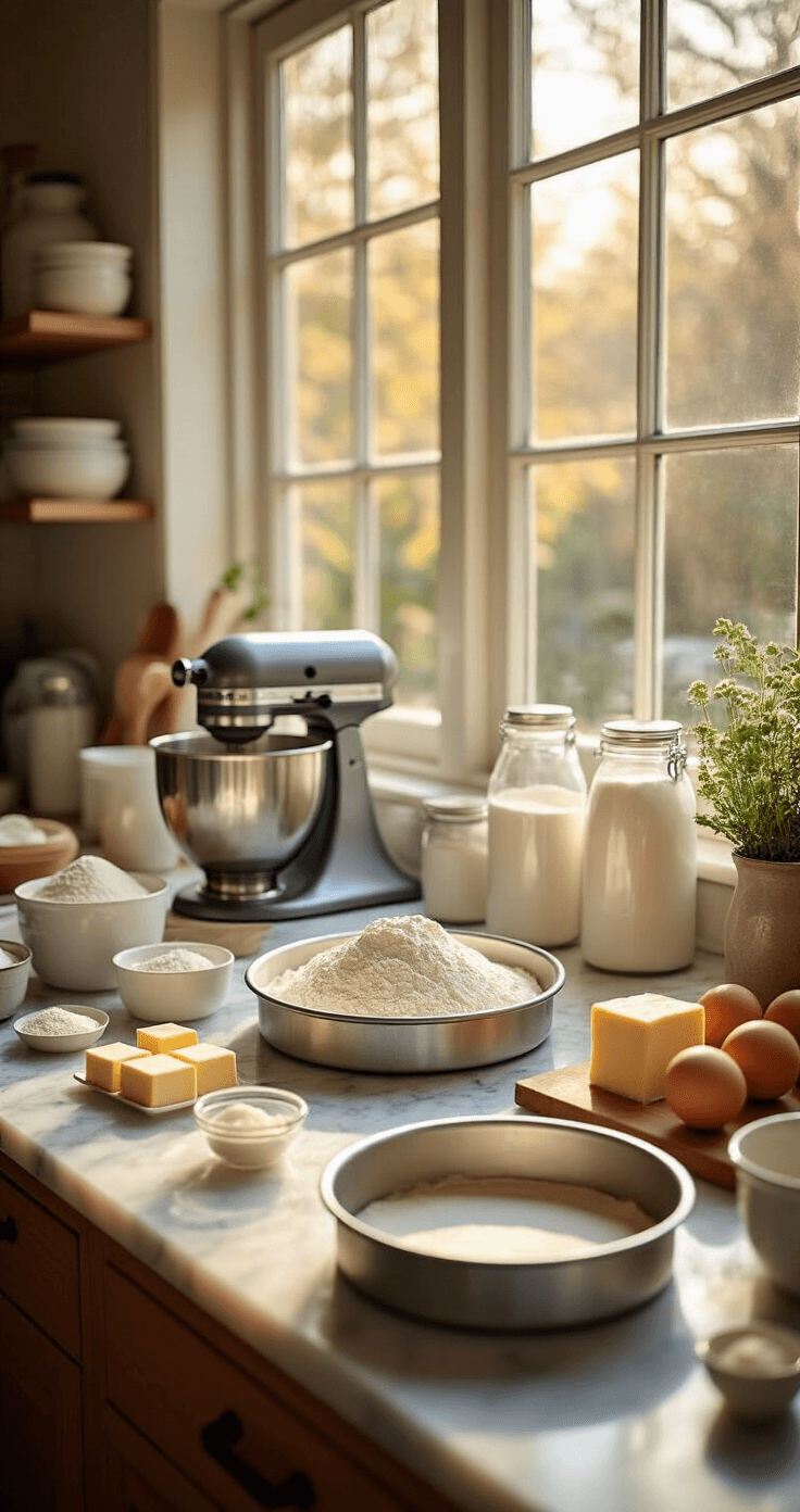 Professional baking workspace with warm natural light, featuring neatly arranged ingredients, two cake pans on a marble countertop, and a stand mixer in soft focus.