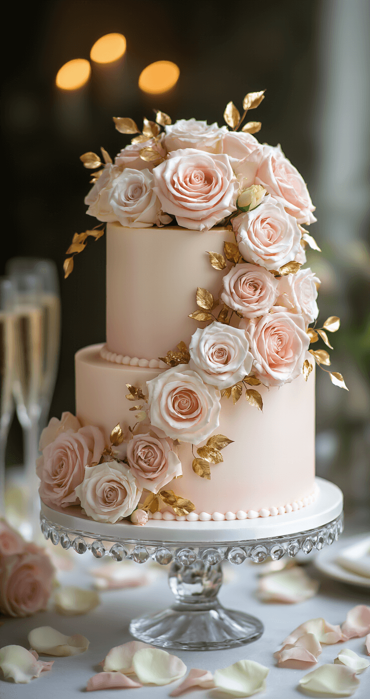 Elegant two-tier birthday cake in soft pastel pink buttercream, adorned with fresh garden roses and gold leaf accents, displayed on a crystal stand with dramatic side lighting, set in a festive celebration environment with blurred background elements.