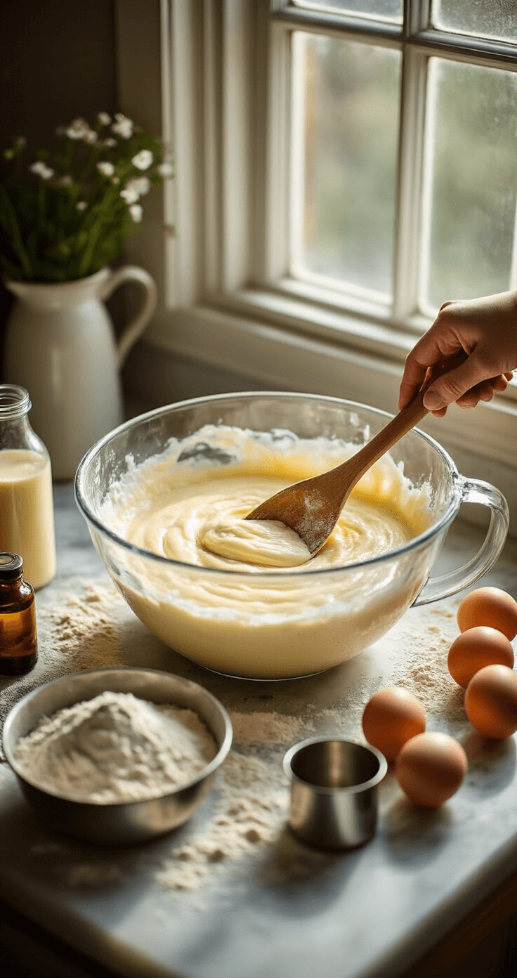 Simple Birthday Cake: The Ultimate Easy Homemade Celebration Treat Close-up of a marble kitchen counter with scattered flour, vintage measuring cups, a glass mixing bowl of smooth cake batter, a wooden spoon, fresh eggs, and vanilla extract, all bathed in warm, natural light.