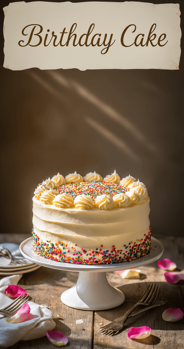 Simple Birthday Cake: The Ultimate Easy Homemade Celebration Treat Professional overhead shot of a two-layer birthday cake with swirled vanilla buttercream frosting and rainbow sprinkles on a white ceramic stand, surrounded by rose petals and vintage cake forks on a rustic wooden table.