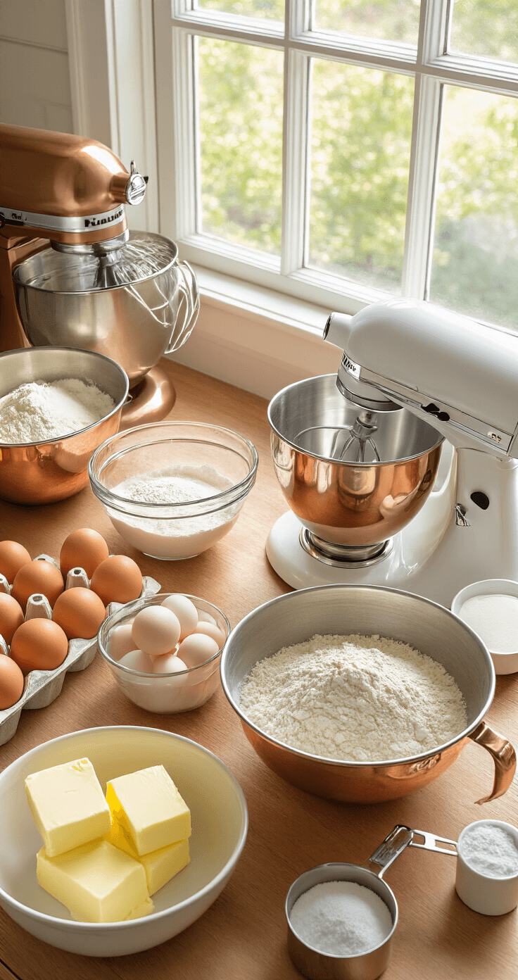 Overhead view of a sunlit kitchen counter with neatly arranged baking ingredients: copper mixing bowls, farm-fresh eggs, measuring cups with flour, softened butter, and a stand mixer, all illuminated by natural light.