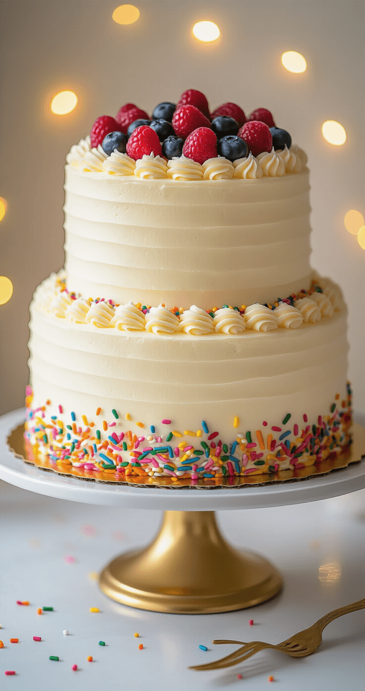 Close-up of a two-tiered birthday cake with vanilla buttercream frosting, rosette piping, rainbow sprinkles, and fresh berries on a gold cake stand, in warm ambient lighting.