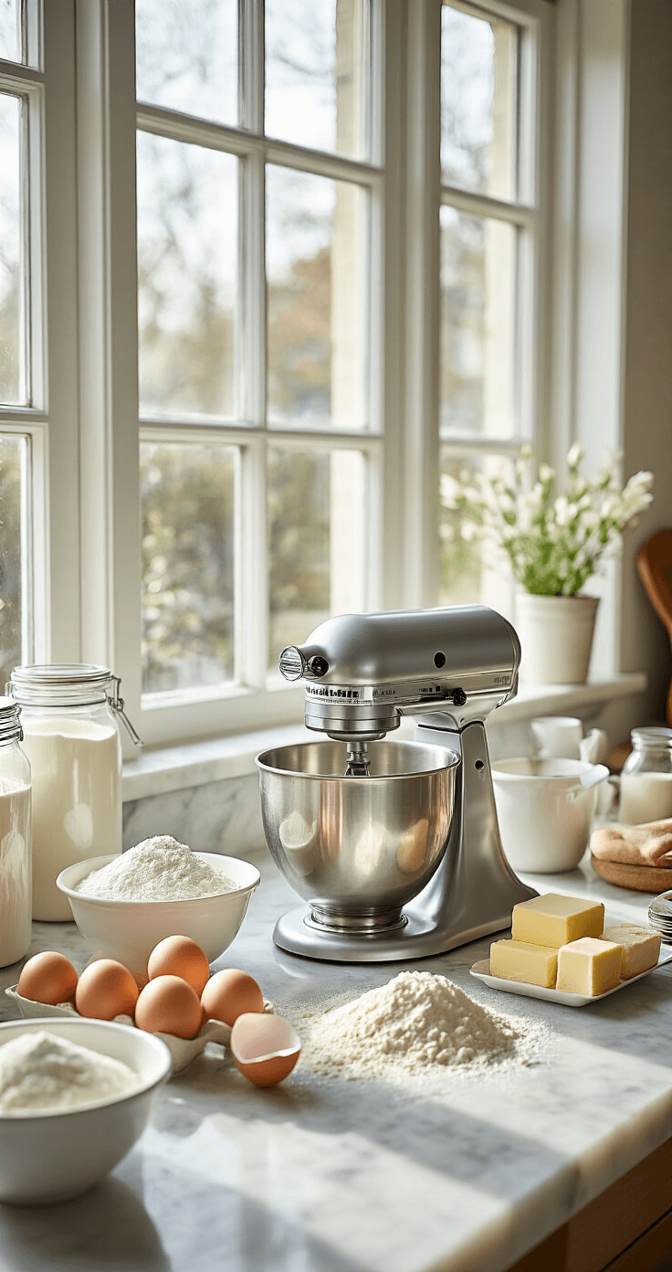 A bright and organized professional kitchen workspace featuring baking ingredients like flour, sugar, eggs, and butter, with a stainless steel stand mixer on a marble countertop.