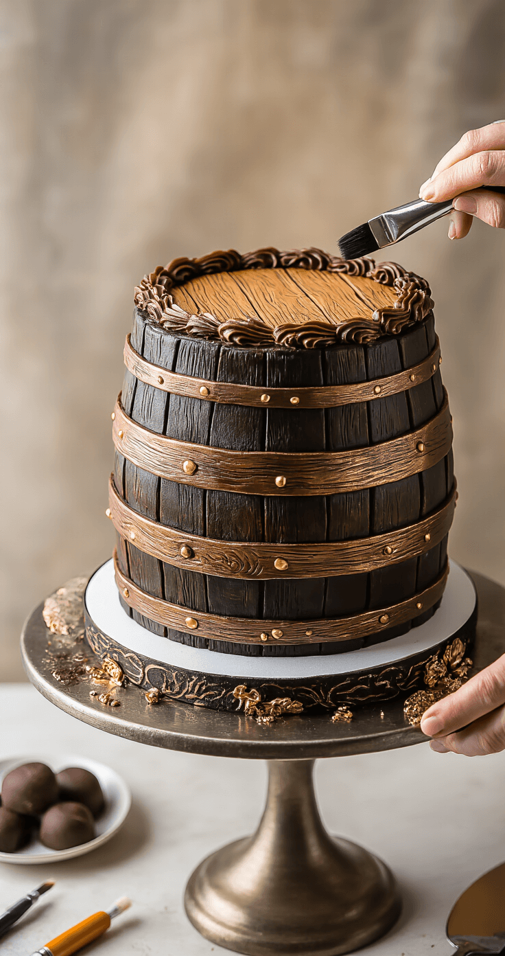 Close-up of a beautifully decorated dark whiskey barrel cake on a rotating stand, showcasing fondant wood grain, metallic highlights, and surrounding decorating tools, illuminated by soft directional lighting.