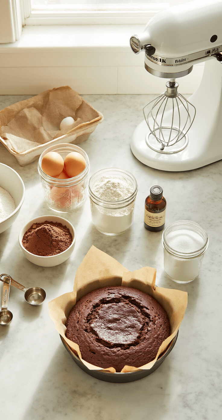 Cinematic overhead view of a sunlit kitchen counter with vintage mason jars of flour, cocoa powder, and sugar, farm-fresh eggs, and vanilla extract, alongside a professional stand mixer; gentle morning light casts shadows on a marble surface adorned with vintage measuring spoons and a parchment-lined 8-inch cake pan.