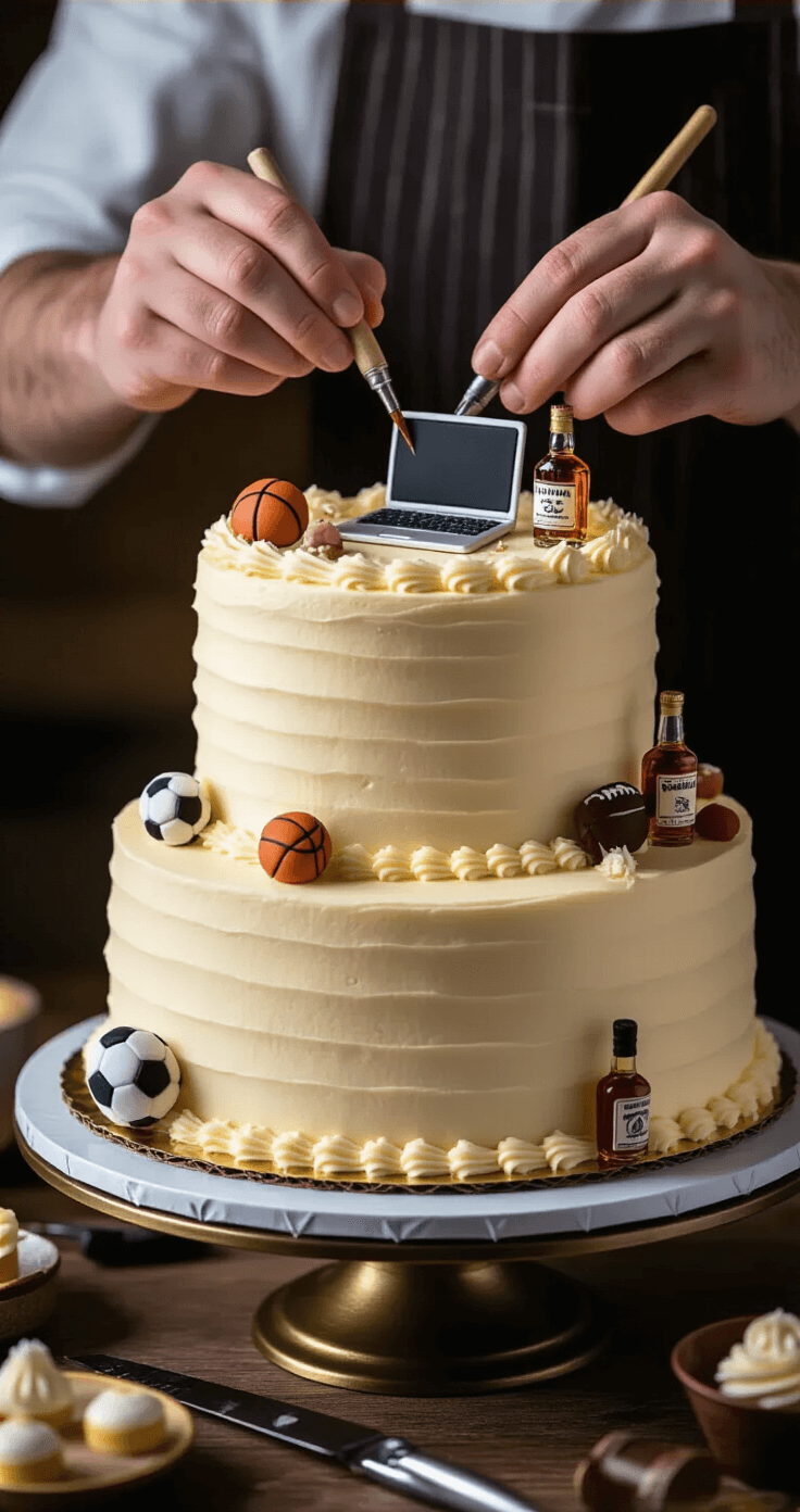 BIRTHDAY CAKE FOR HUSBAND: THE ULTIMATE PERSONALIZED CELEBRATION GUIDE Close-up of a beautifully decorated two-tier birthday cake with rich buttercream frosting, featuring intricate designs and personal fondant decorations like a laptop, sports equipment, and a whiskey bottle, on an elegant rotating stand with nearby decorating tools.