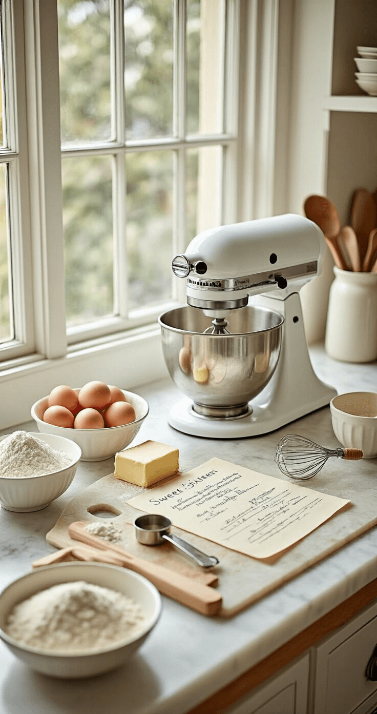 Close-up of a sunlit kitchen countertop featuring a stand mixer, fresh ingredients in vintage bowls, a marble pastry board with measuring tools, and a handwritten recipe card, all set for baking.