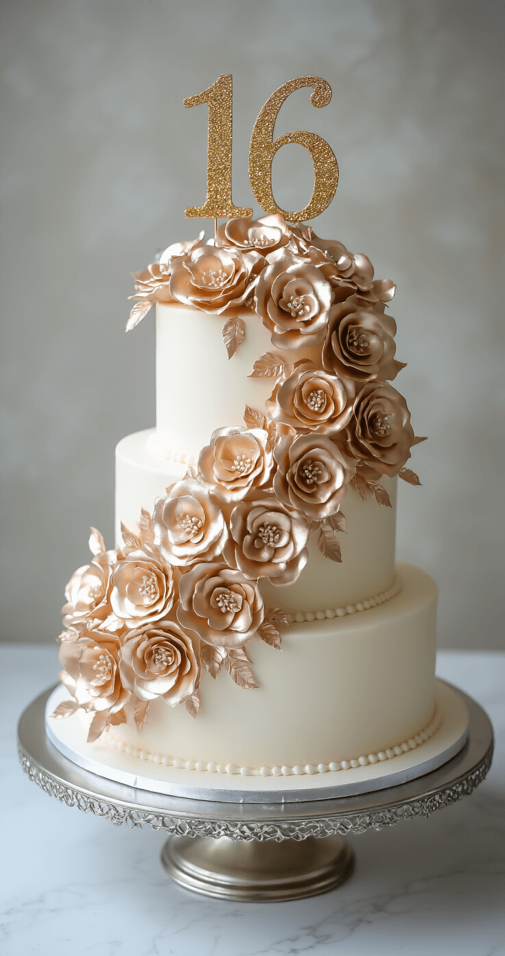 Dramatic overhead view of a three-tiered 16th birthday cake on a silver cake stand, featuring pearl-white buttercream frosting, metallic rose gold fondant flowers, a gold '16' topper, and professional lighting showcasing its detailed decorations.