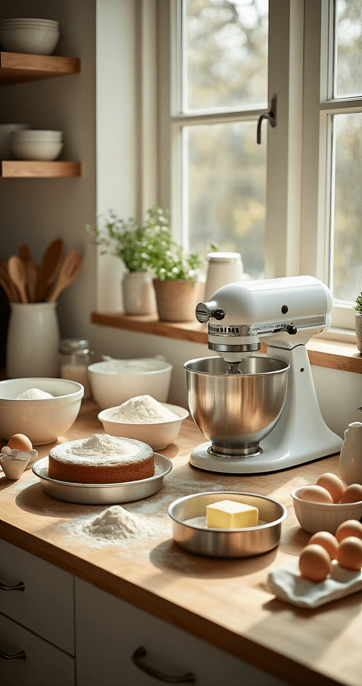A sunlit kitchen counter with baking ingredients like flour, sugar, eggs, and butter, featuring two 8-inch cake pans, measuring tools, mixing bowls, and a stand mixer.