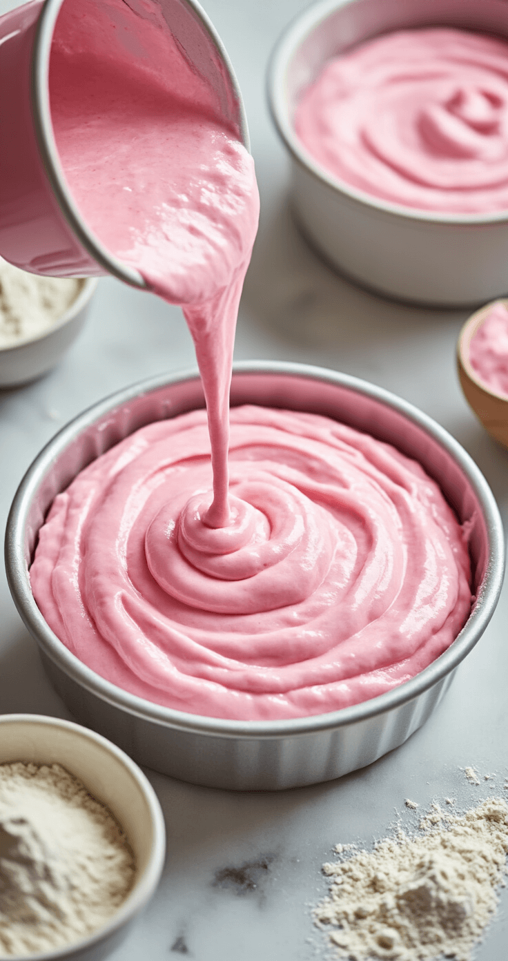Close-up of glossy pink cake batter being poured into lined pans, showcasing its smooth texture and pastel hue, with vintage mixing bowls and a marble countertop in a soft natural light setting.