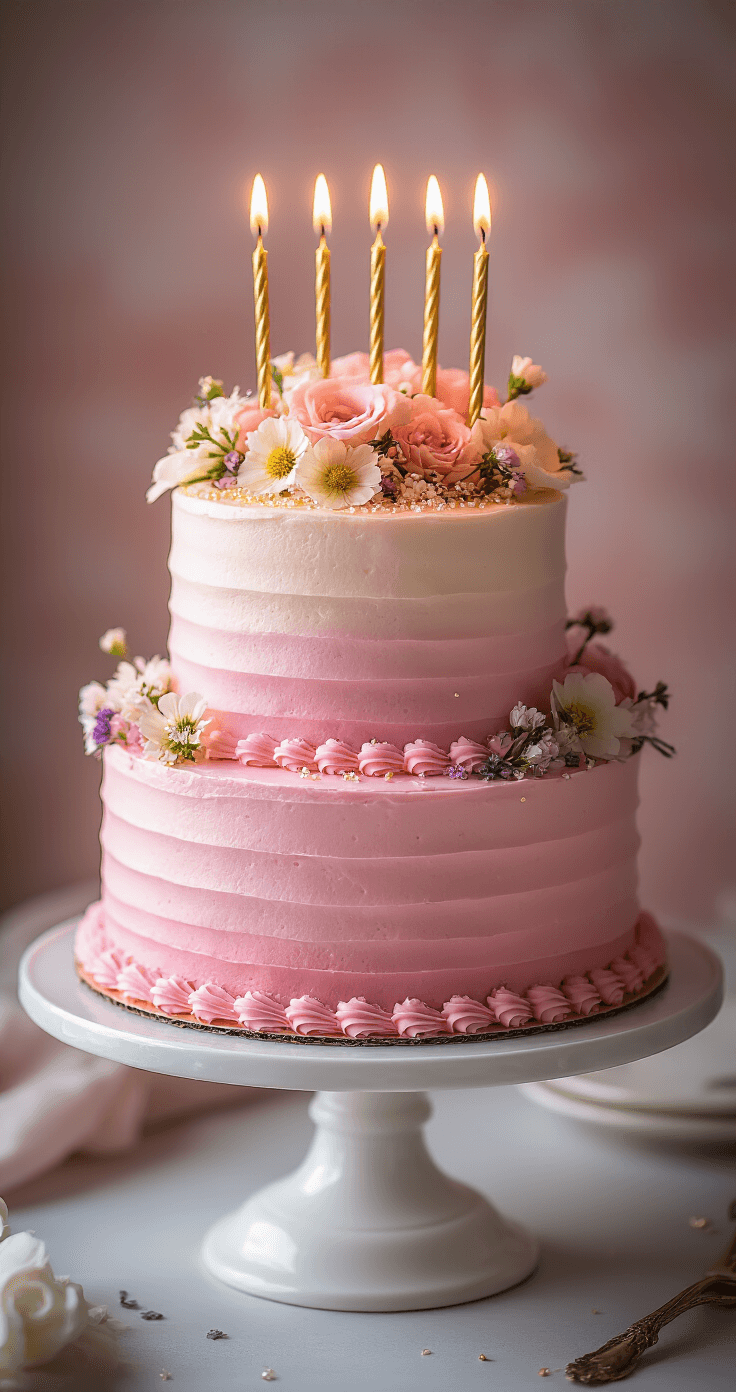 A three-tiered pink birthday cake on a white stand, adorned with fresh flowers and sprinkles, with glowing candles and soft smoke in an elegant setting.