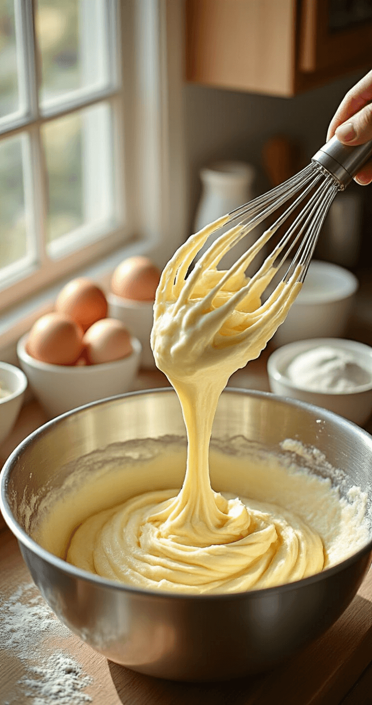 Close-up of luxurious cake batter being mixed in a stainless steel bowl, with golden afternoon light illuminating the silky texture, while fresh eggs and ingredients are elegantly arranged in the background.