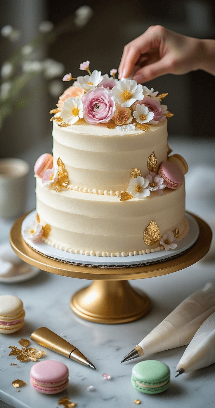 Overhead view of a beautifully decorated three-layer cake on a rotating gold stand, surrounded by edible flowers, gold leaf, and pastel macarons, with elegant piping bags and tools nearby on a marble countertop.