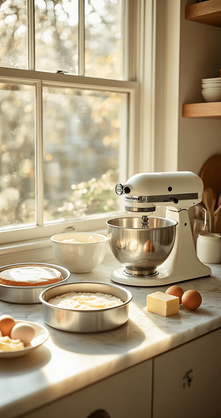 Professional baking setup bathed in morning sunlight, featuring two 8-inch round cake pans, neatly arranged measuring tools on a marble countertop, and a vintage electric mixer beside softened butter and eggs.