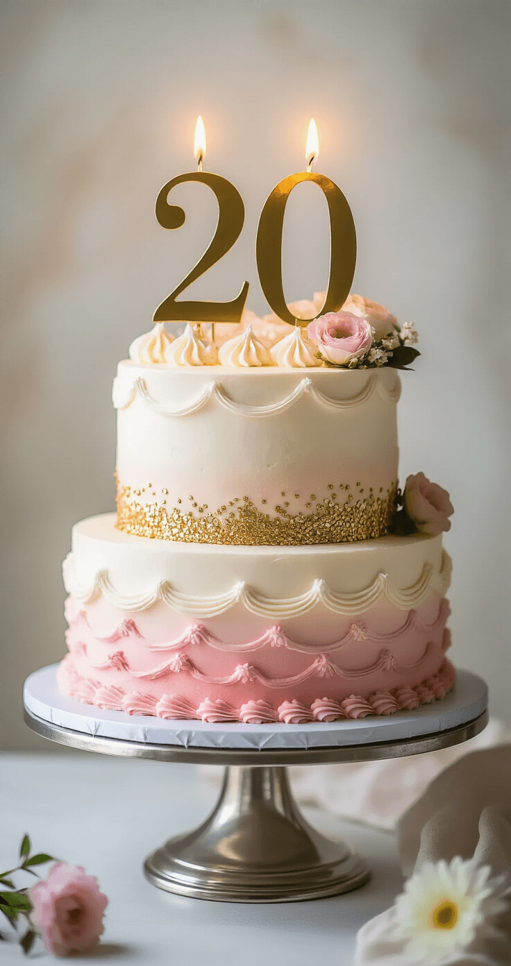 Stunning two-tiered 20th birthday cake with ombre blush pink to white frosting, vintage piping, metallic sprinkles, a gold '20' topper, and fresh flowers, displayed on a silver stand with a soft-focus background.