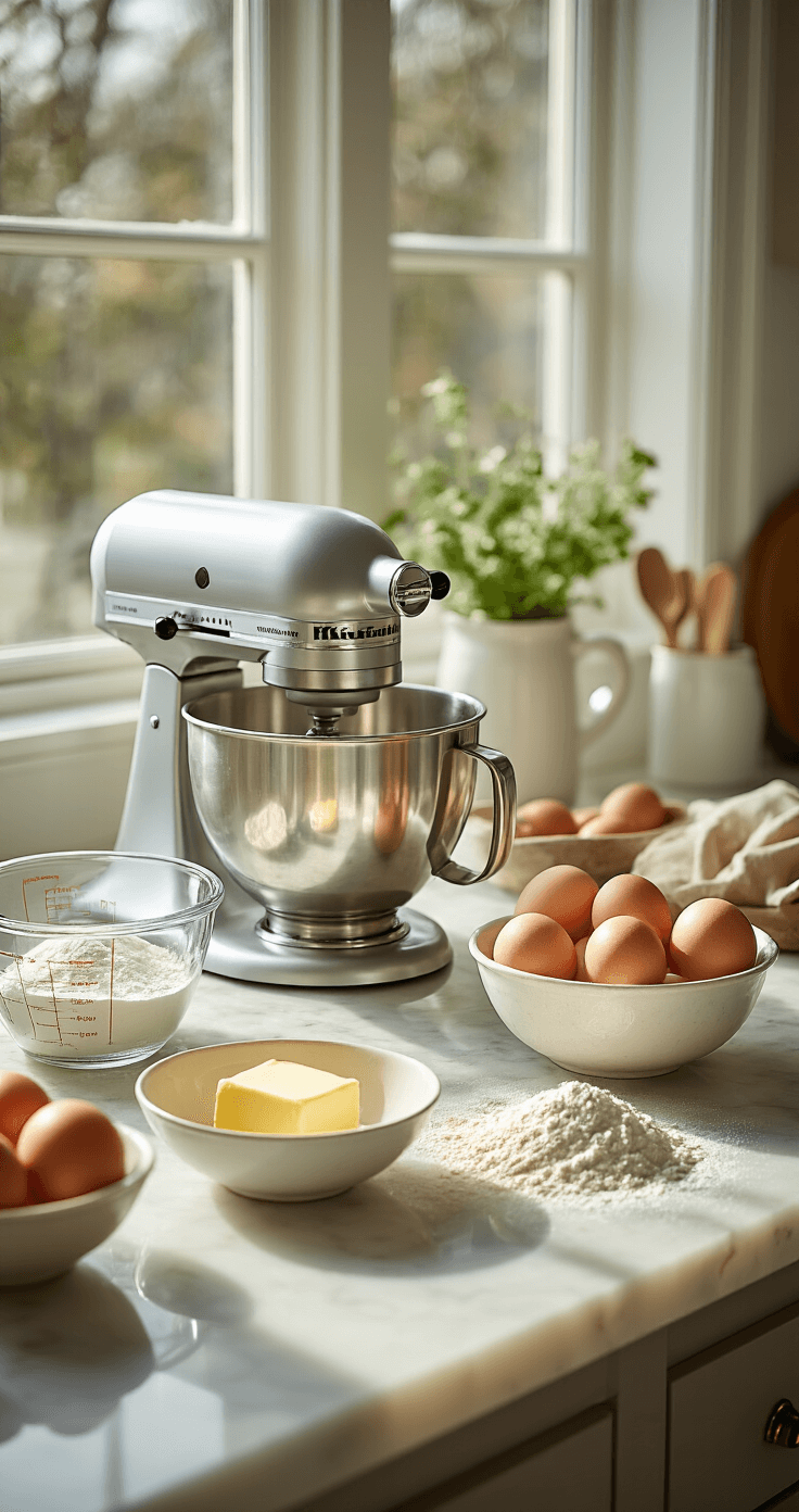 Sunlit modern kitchen with stainless steel mixing bowls, a professional stand mixer, and measured ingredients on a marble countertop, featuring golden butter, farm-fresh eggs, and flour creating a gentle dust haze in morning light.