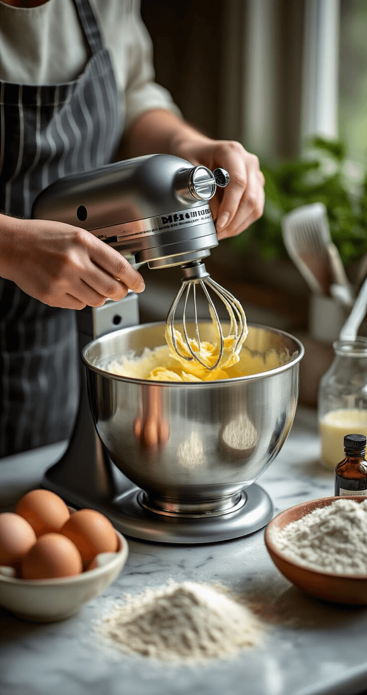 50th Birthday Cake: The Ultimate Celebration Centerpiece Close-up of hands creaming butter and sugar in a stainless steel stand mixer, with natural light pouring in, surrounded by fresh ingredients like eggs, vanilla extract, and flour on a marble countertop.