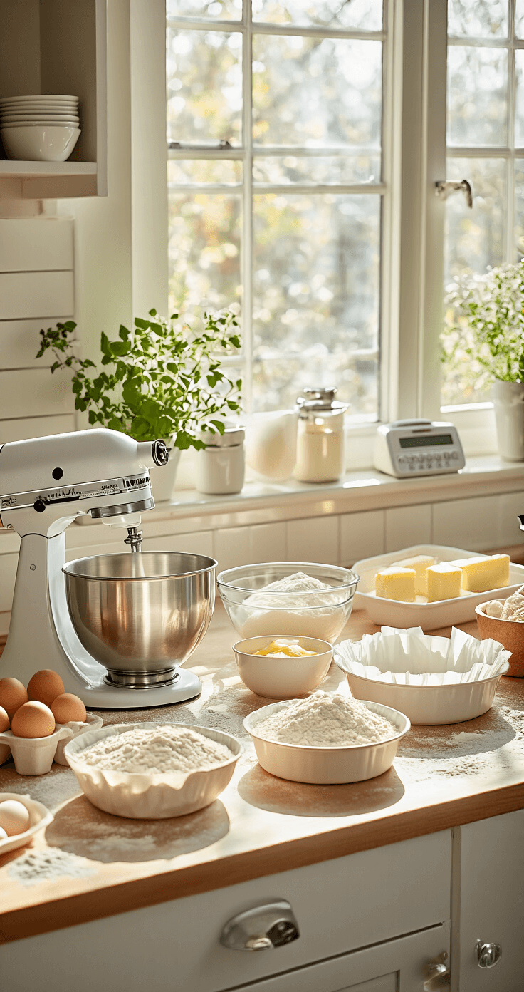 A sunlit kitchen counter arranged with baking ingredients like flour, eggs, butter, and sugar, featuring professional mixing bowls, an electric mixer, measuring cups, and a digital scale, with two lined 9-inch cake pans nearby.