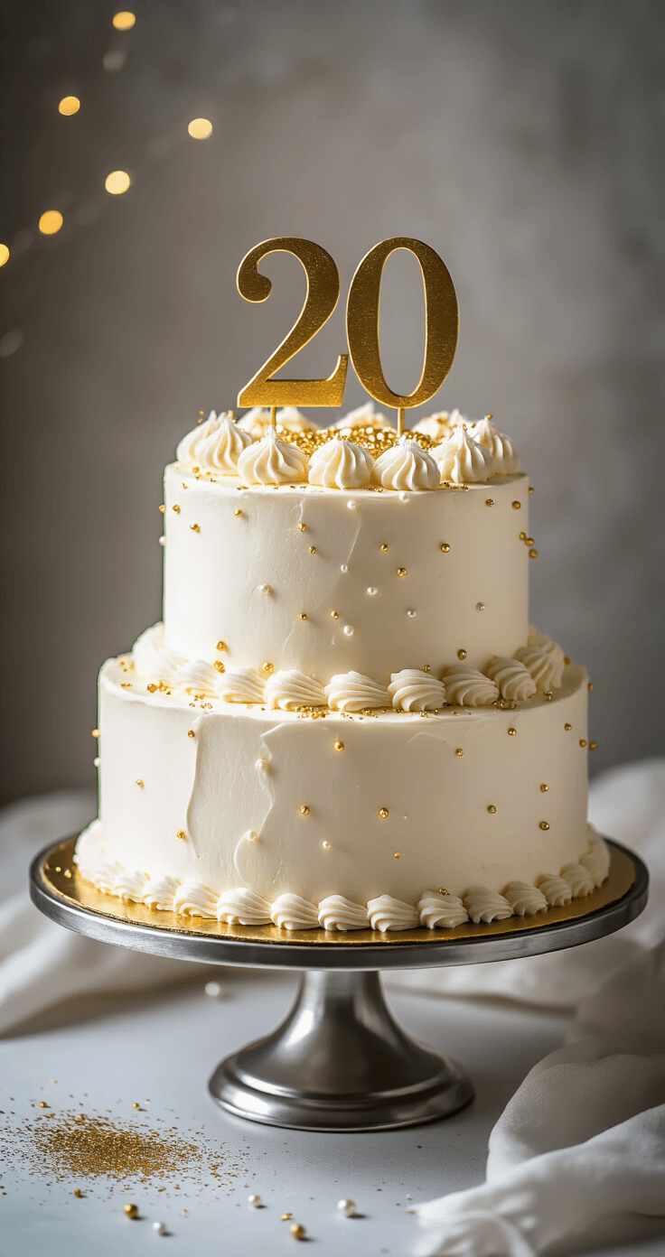 A beautifully crafted two-layer 20th birthday cake with white buttercream frosting, gold '20' topper, and shimmering edible decorations on a silver stand.