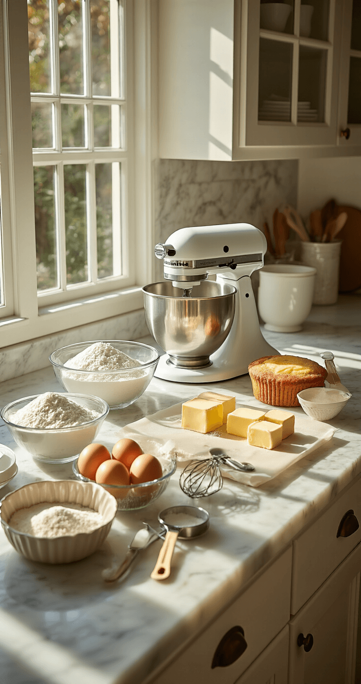 A sunlit modern kitchen countertop with elegantly arranged baking ingredients, including flour, eggs, butter, and sugar in glass bowls, beside a professional stand mixer and lined cake pans, under warm natural light.