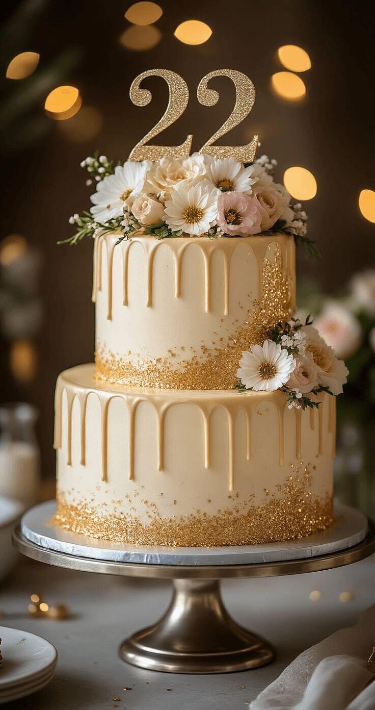 A two-tiered birthday cake on a silver stand, featuring pastel buttercream, golden drips, a metallic '22' topper, fresh flowers, and edible glitter, with a blurred festive background.