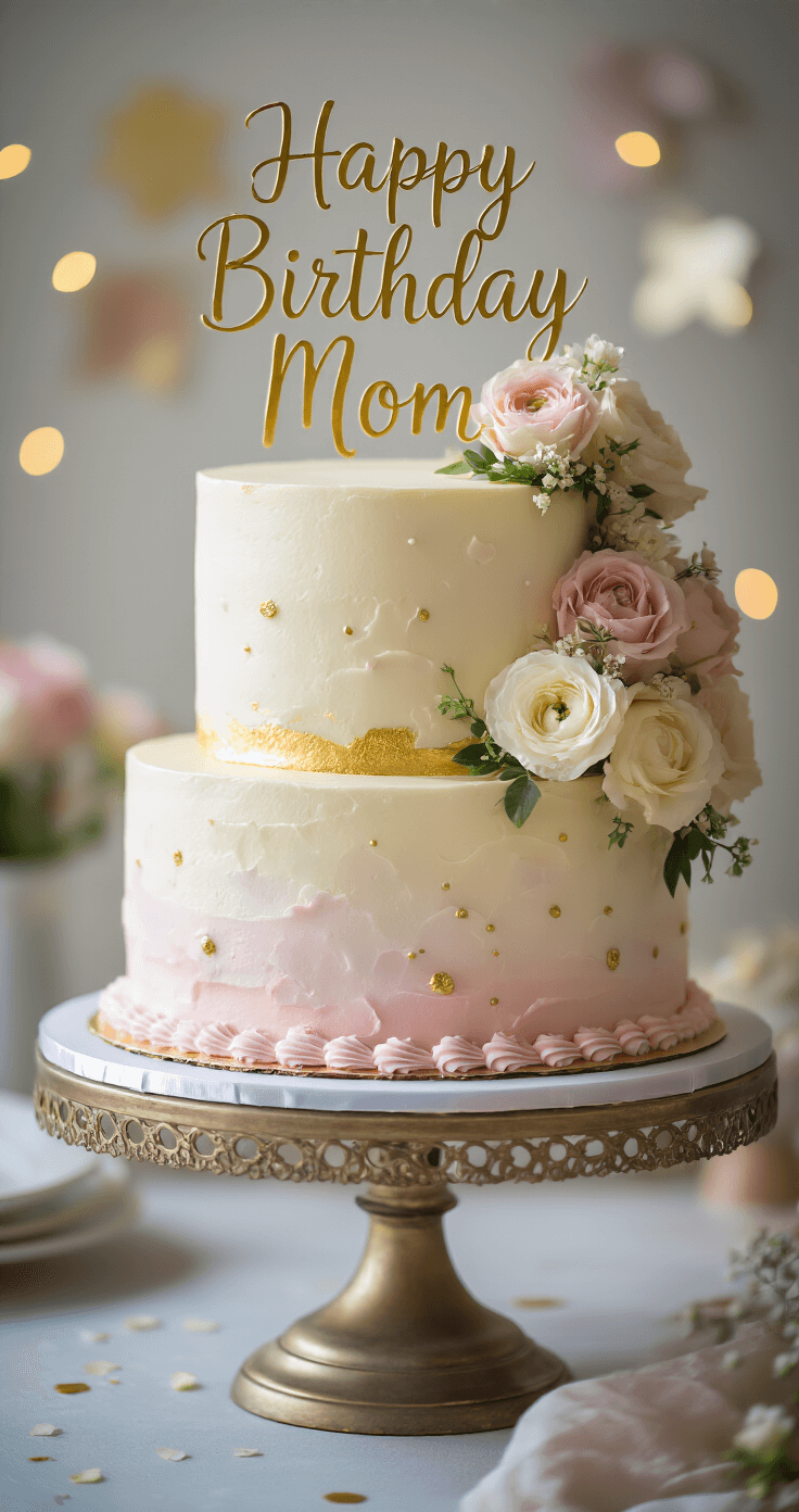 A beautifully decorated three-layer vanilla birthday cake with pastel frosting, gold accents, and fresh flowers, set on an elegant stand with a 'Happy Birthday Mom' inscription.