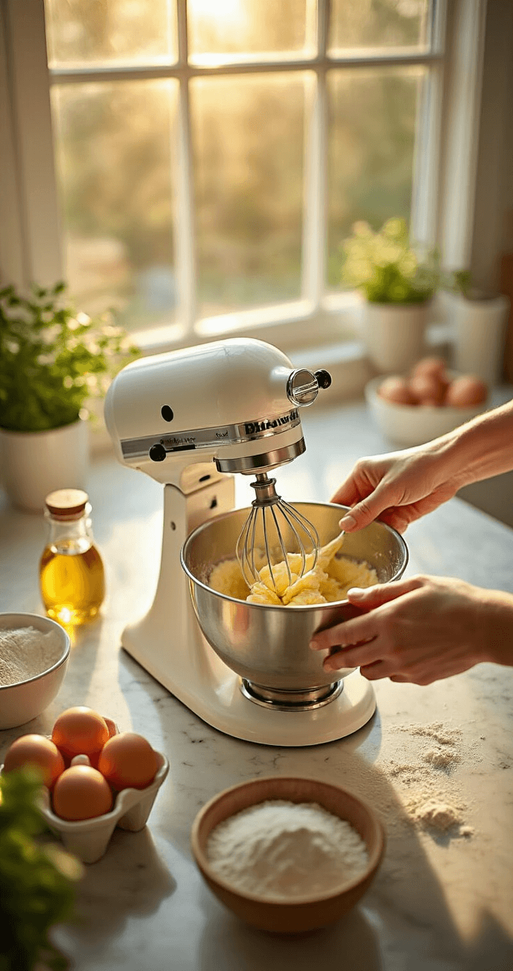 Cinematic overhead view of a sunlit kitchen countertop with hands creaming butter and sugar in a stand mixer, surrounded by fresh ingredients like eggs, vanilla extract, and flour, all illuminated by golden afternoon light.