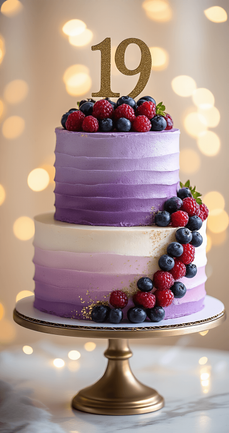 A close-up of a stunning two-tier 19th birthday cake with gradient purple-to-lilac frosting, topped with a metallic gold '19' and adorned with fresh berries and edible glitter, beautifully presented on an elegant cake stand against a soft bokeh background.