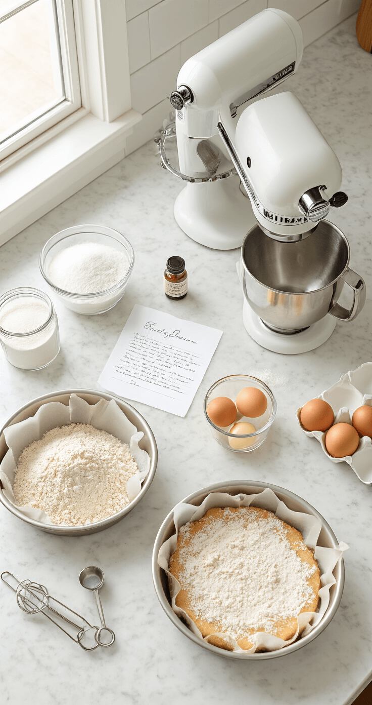 Overhead shot of a marble kitchen counter with neatly arranged baking ingredients in glass containers, 9-inch cake pans, a stand mixer, measuring tools, and a handwritten recipe card, all illuminated by natural light from a nearby window.
