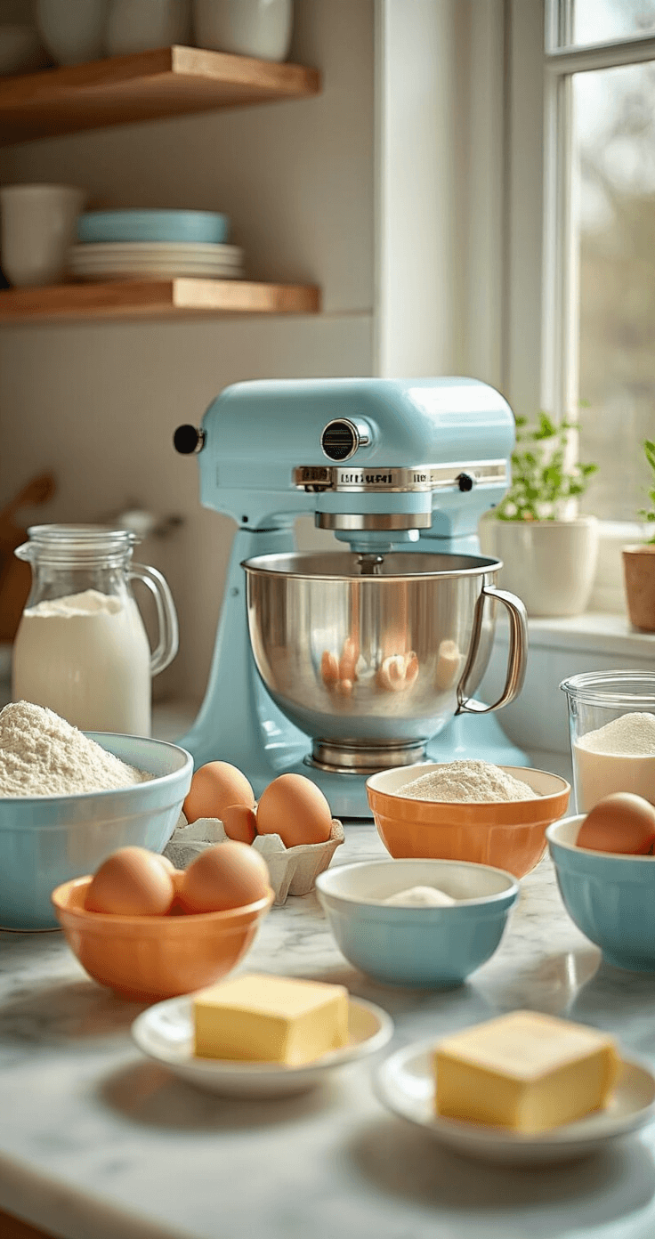 A pristine kitchen countertop with baking ingredients including flour, eggs, and butter, centered around a stand mixer, pastel mixing bowls, and vibrant gel food colorings, all illuminated by warm natural light.