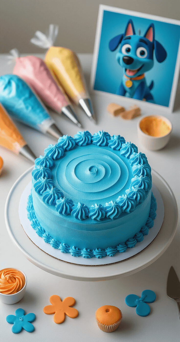 Overhead view of a round blue cake on a white rotating stand, mid-decoration with shades of blue and orange buttercream, fondant tools, and a reference image of Bluey in the background.