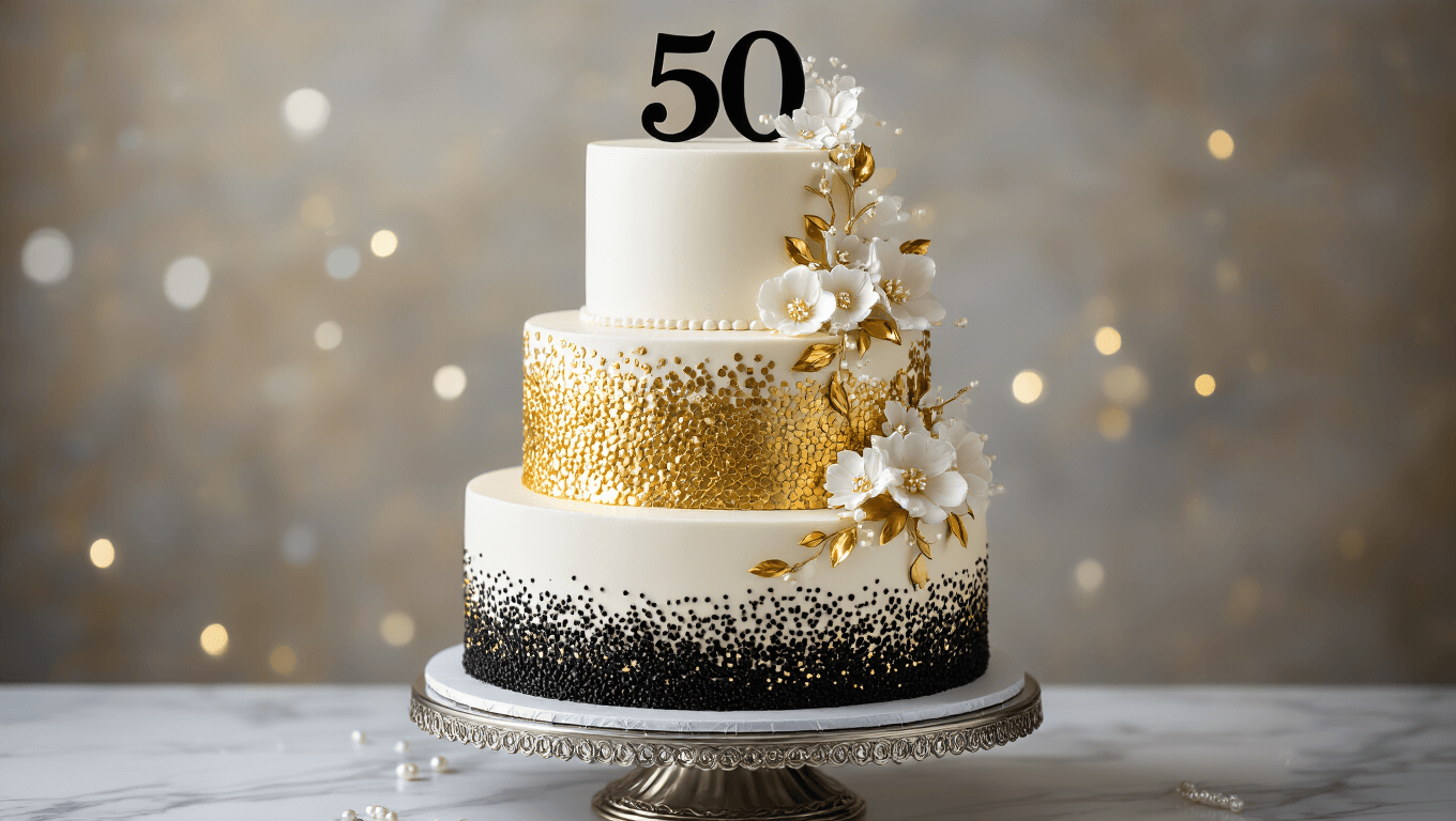 A luxurious three-tiered celebration cake with white buttercream frosting, gold leaf accents, and a black fondant "50" topper, elegantly displayed on a silver cake stand with a marbled backdrop and soft bokeh.