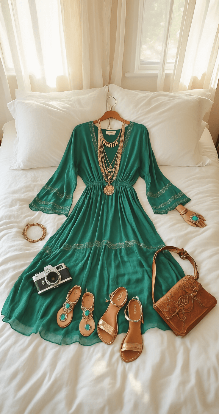 Close-up of a boho-chic bedroom featuring a flowing emerald green maxi dress with metallic thread details laid on a white duvet, surrounded by layered gold necklaces, leather sandals, a statement turquoise ring, and a hand-tooled leather belt, all illuminated by morning light streaming through gauzy curtains.