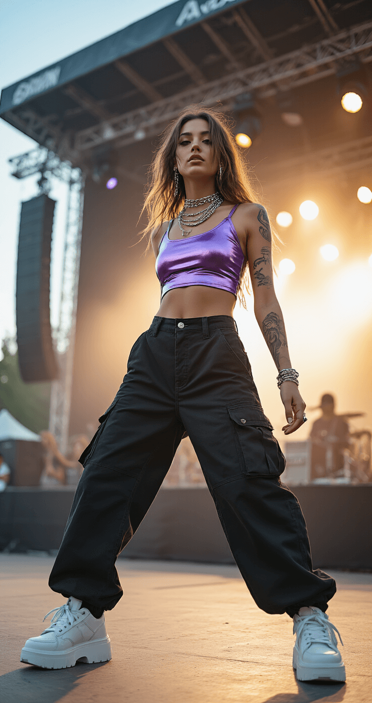 A dynamic sunset festival scene featuring a female model dancing in high-waisted black cargo pants and a metallic purple crop top, with chunky white platform sneakers. She adorned with delicate silver chains and metallic tattoos, captured in motion blur with backlighting from stage lights, evoking an energetic atmosphere.