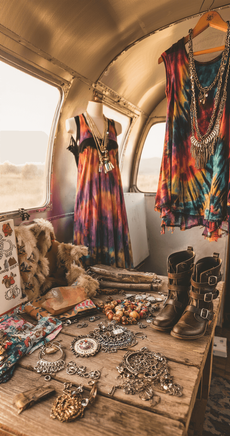 Close-up of festival accessories on rustic wood, featuring face gems, metallic tattoos, layered necklaces, and hair accessories, with a tie-dye mesh dress over a black bodysuit and buckled boots hanging nearby, captured in warm evening light within a vintage airstream trailer.