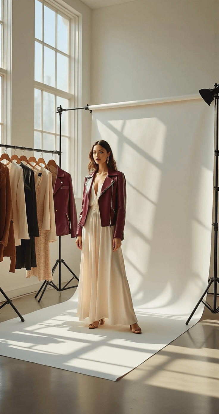A fashion influencer showcases layering techniques in a bright home studio, featuring a cream silk dress, burgundy leather jacket, and gold-toned accessories, with multiple outfit combinations displayed on a sleek clothing rack.